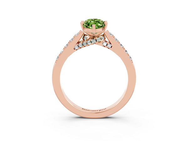 Rose gold Marquise Cut Peridot Solitaire Ring with Crossover Gallery and Round  Pavé Band