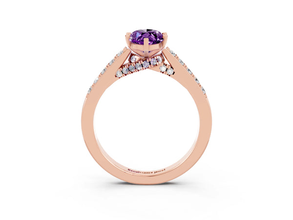 Rose gold Marquise Cut Amethyst Solitaire Ring with Crossover Gallery and Round  Pavé Band