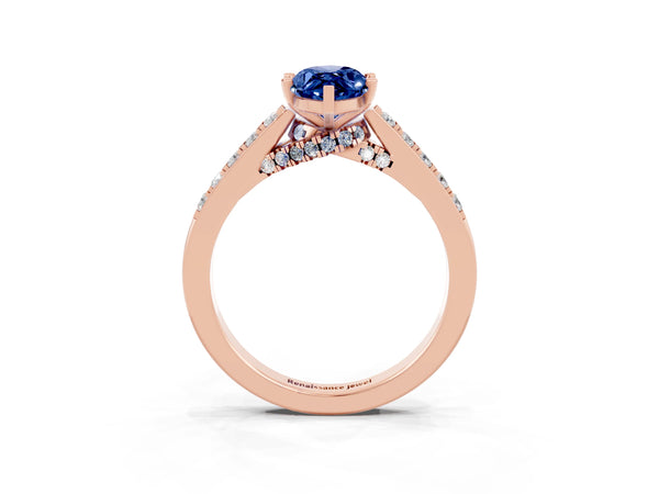 Rose gold Marquise Cut Blue Sapphire Solitaire Ring with Crossover Gallery and Round  Pavé Band