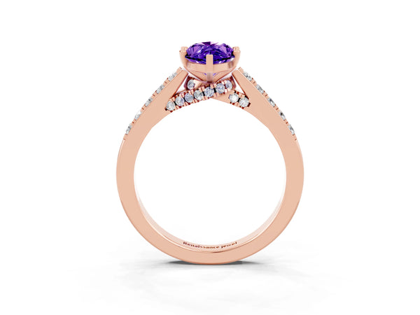 Rose gold Marquise Cut Tanzanite Solitaire Ring with Crossover Gallery and Round  Pavé Band