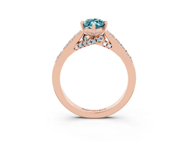 Rose gold Marquise Cut Blue Topaz Solitaire Ring with Crossover Gallery and Round  Pavé Band