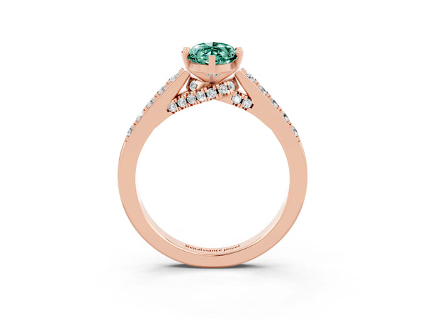 Rose gold Marquise Cut Green Sapphire Solitaire Ring with Crossover Gallery and Round  Pavé Band