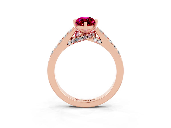 Rose gold Marquise Cut Garnet Solitaire Ring with Crossover Gallery and Round  Pavé Band