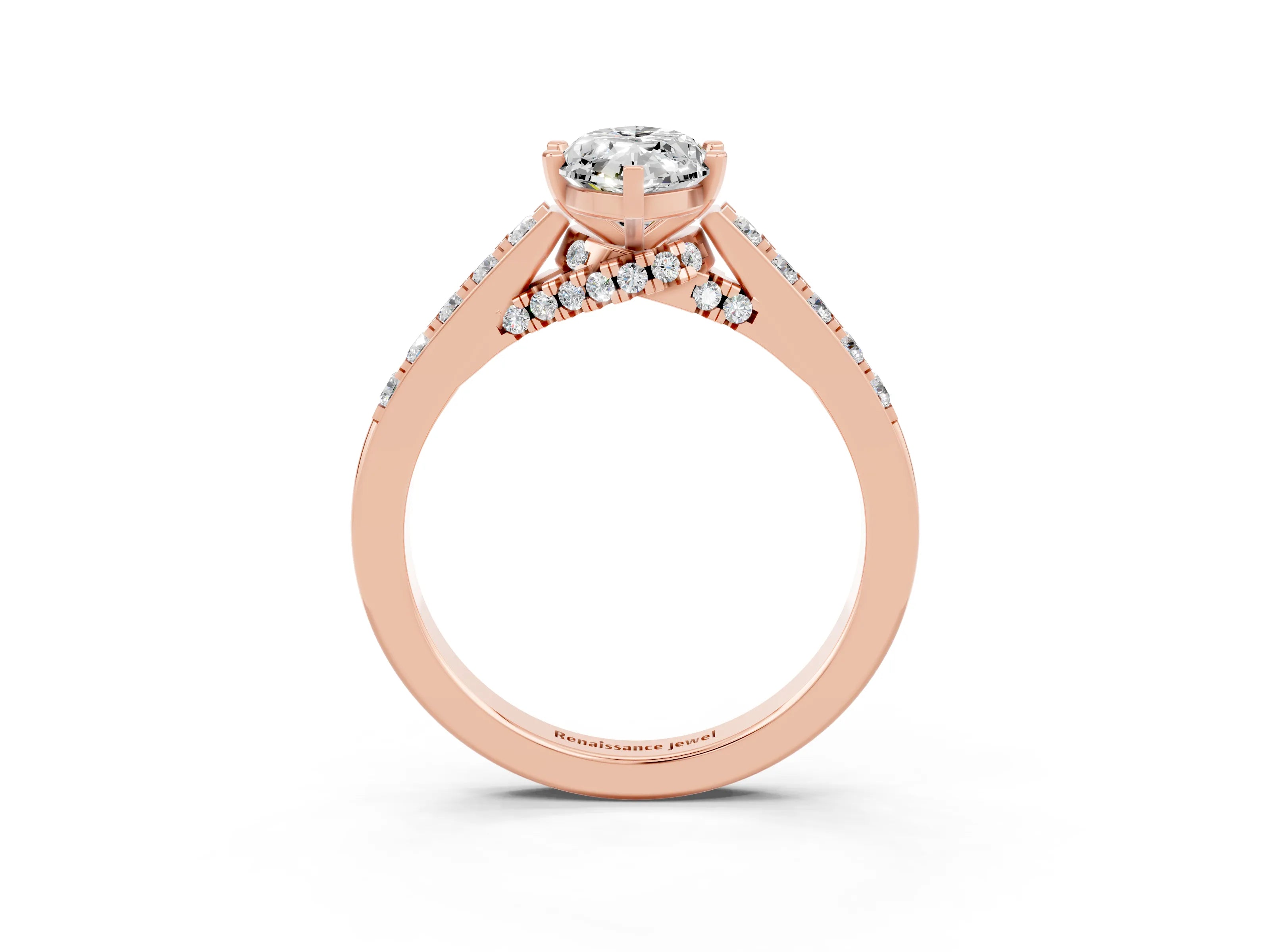 Rose gold Marquise Cut Diamond Solitaire Ring with Pavé Band and Prong Setting_3