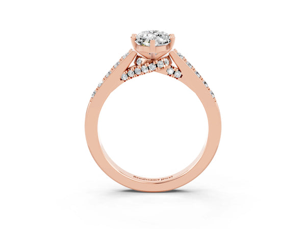 Rose gold Marquise Cut Moissanite Solitaire Ring with Crossover Gallery and Round  Pavé Band