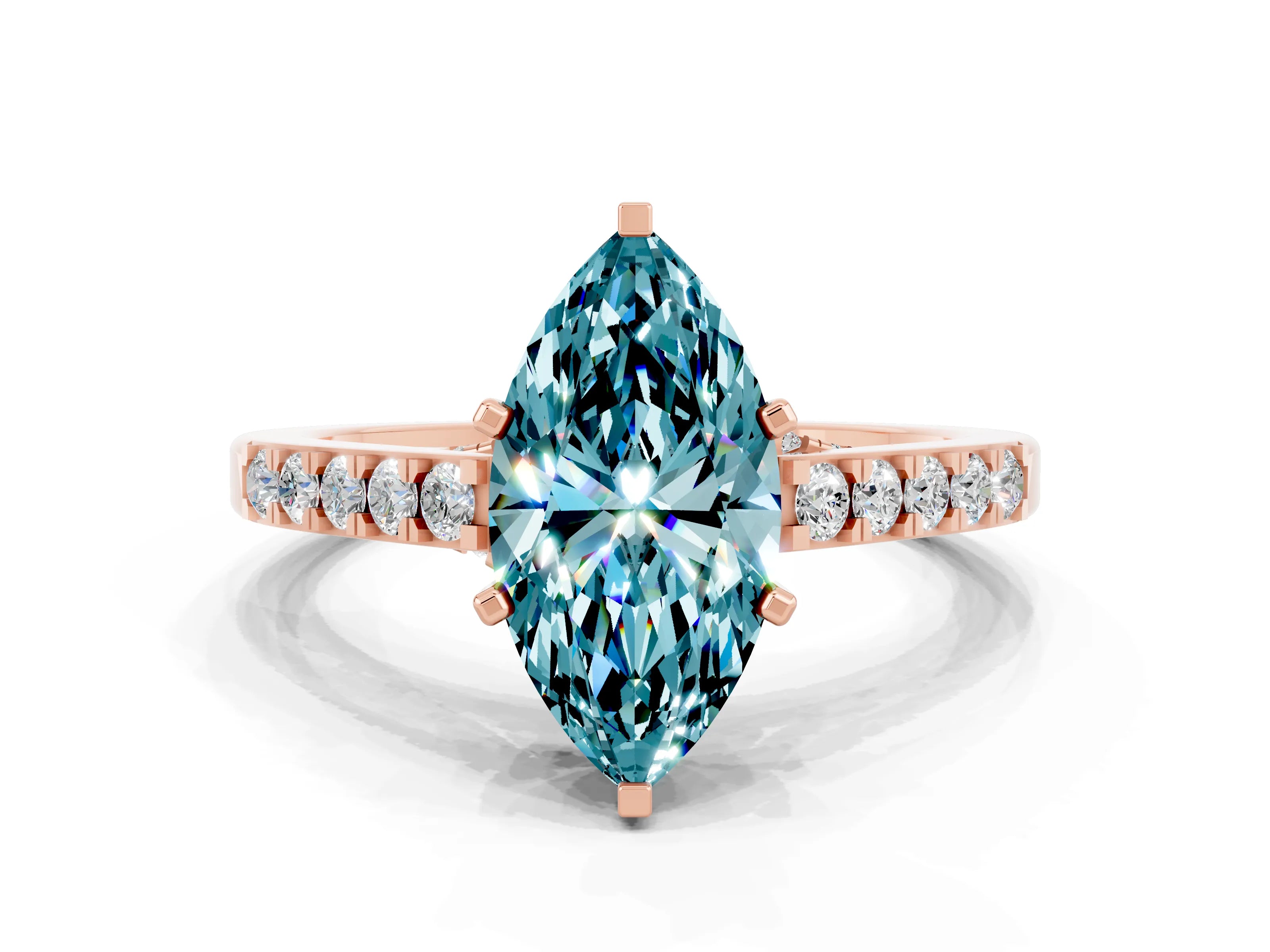 Rose gold Marquise Cut Diamond Solitaire Ring with Pavé Band and Prong Setting