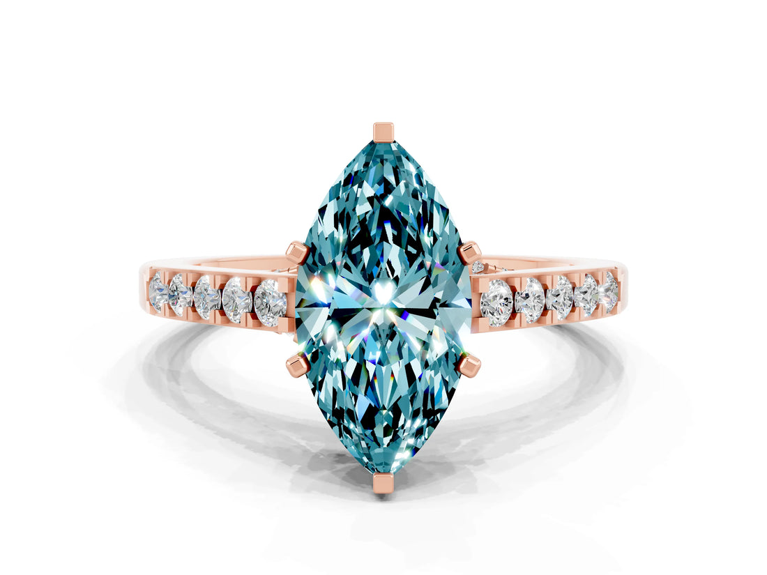 Rose gold Marquise Cut Diamond Solitaire Ring with Pavé Band and Prong Setting