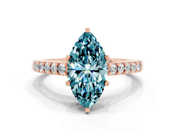 Rose gold Marquise Cut Blue Topaz Solitaire Ring with Crossover Gallery and Round  Pavé Band