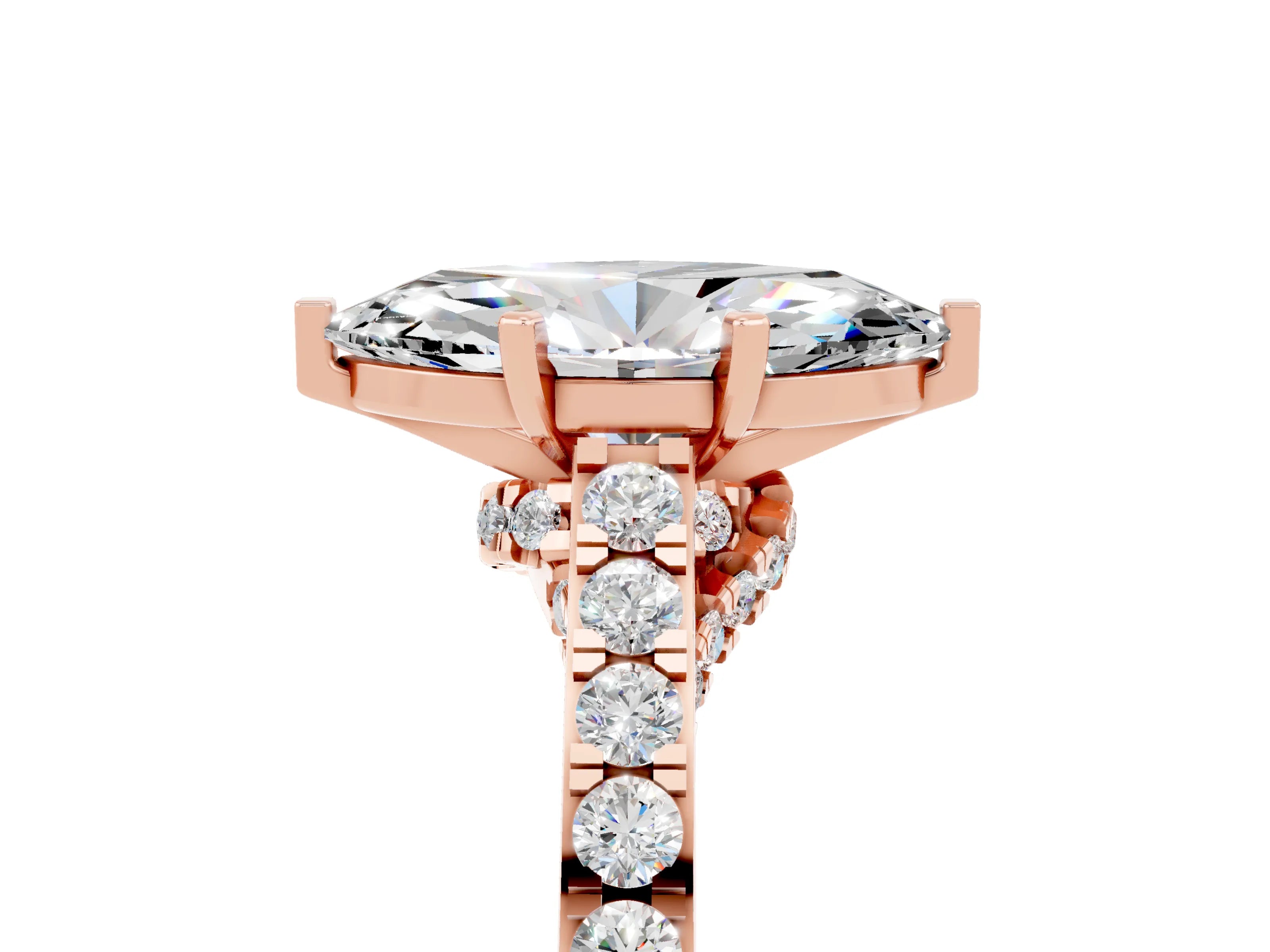 Rose gold Marquise Cut Diamond Solitaire Ring with Pavé Band and Prong Setting_5