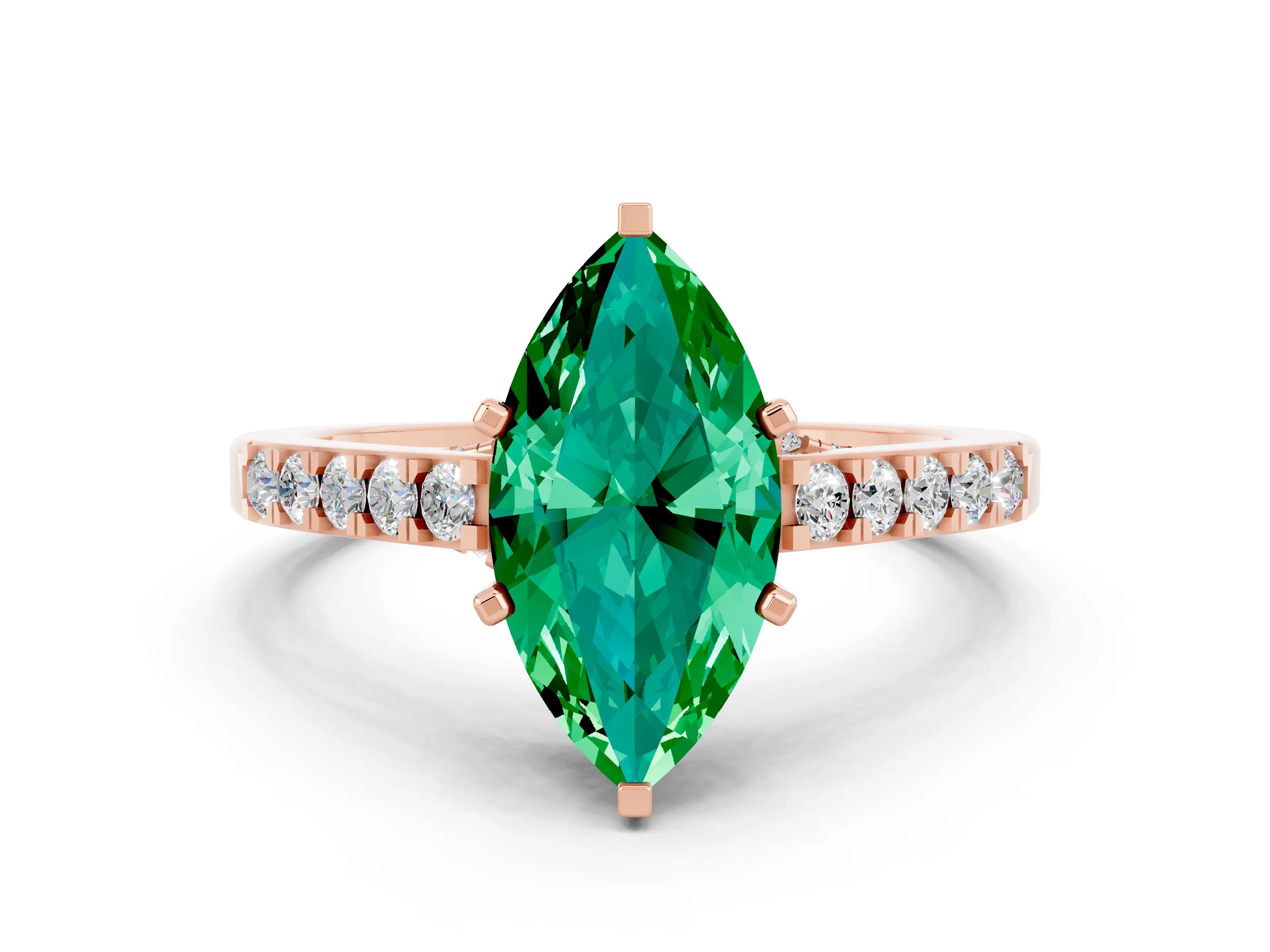 Rose gold Marquise Cut Diamond Solitaire Ring with Pavé Band and Prong Setting
