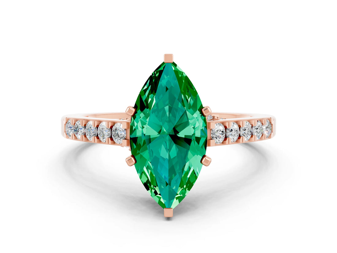Rose gold Marquise Cut Diamond Solitaire Ring with Pavé Band and Prong Setting