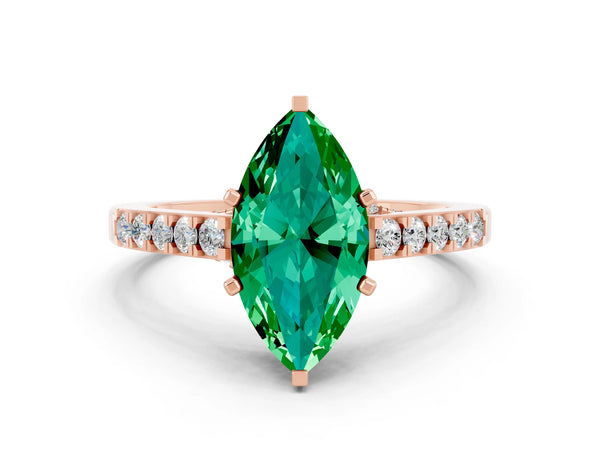 Rose gold Marquise Cut Emerald Solitaire Ring with Crossover Gallery and Round  Pavé Band