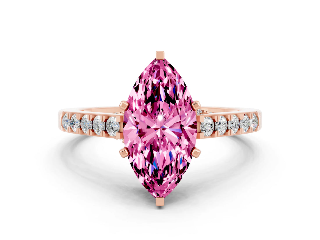 Rose gold Marquise Cut Diamond Solitaire Ring with Pavé Band and Prong Setting