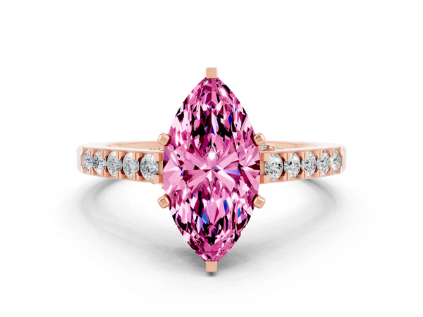 Rose gold Marquise Cut Pink Sapphire Solitaire Ring with Crossover Gallery and Round  Pavé Band