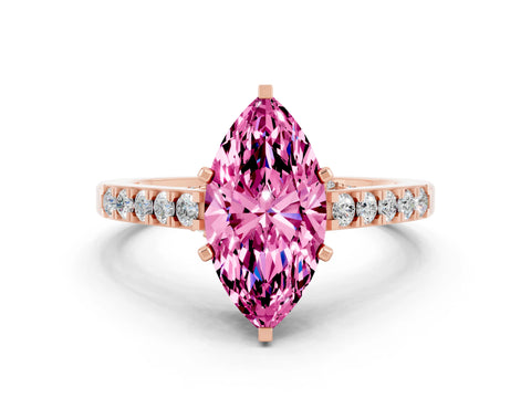 Rose gold Marquise Cut Diamond Solitaire Ring with Pavé Band and Prong Setting
