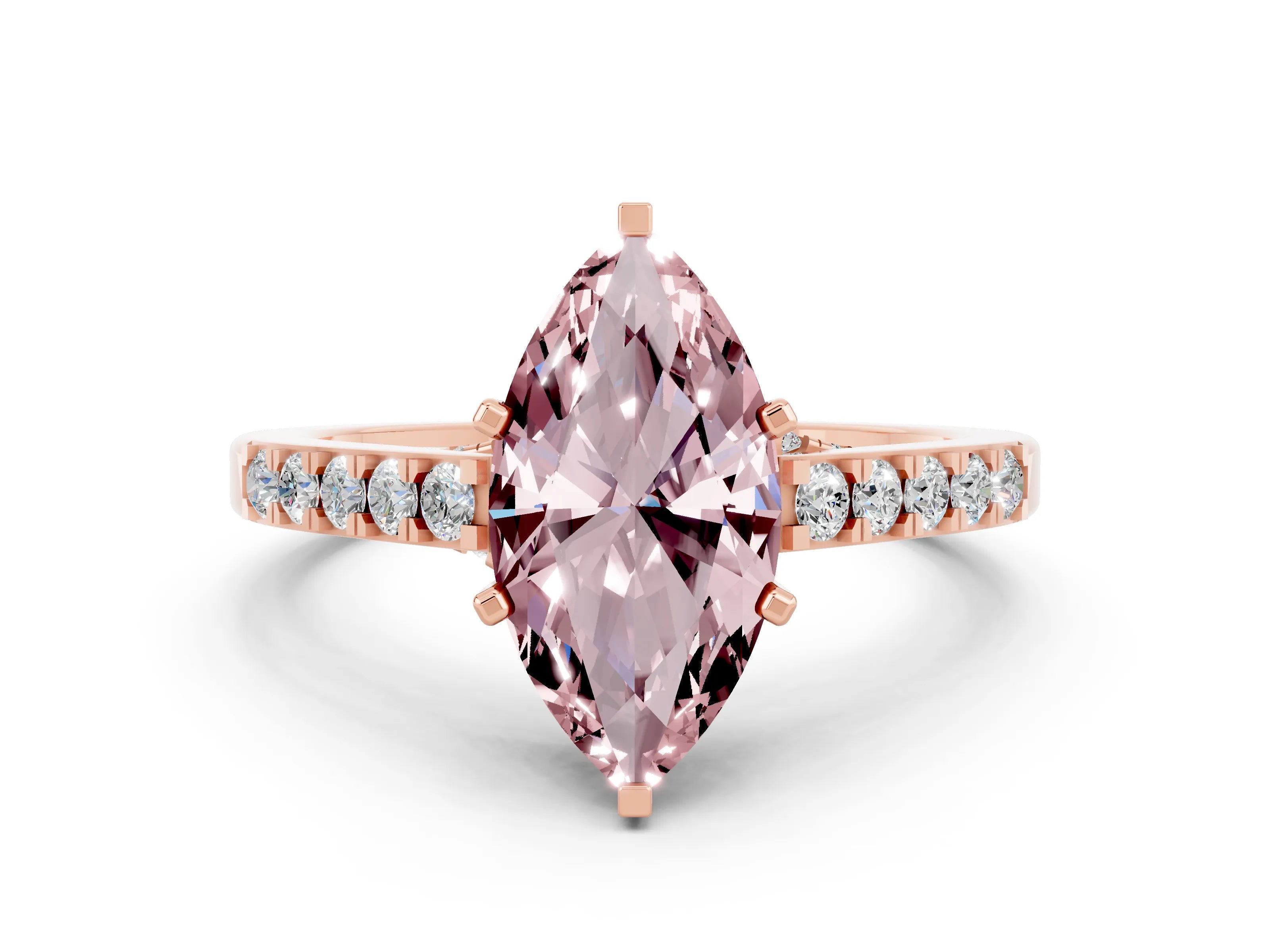 Rose gold Marquise Cut Diamond Solitaire Ring with Pavé Band and Prong Setting