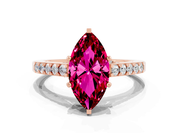 Rose gold Marquise Cut Garnet Solitaire Ring with Crossover Gallery and Round  Pavé Band