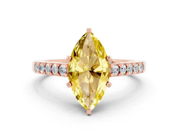 Rose gold Marquise Cut Yellow Sapphire Solitaire Ring with Crossover Gallery and Round  Pavé Band