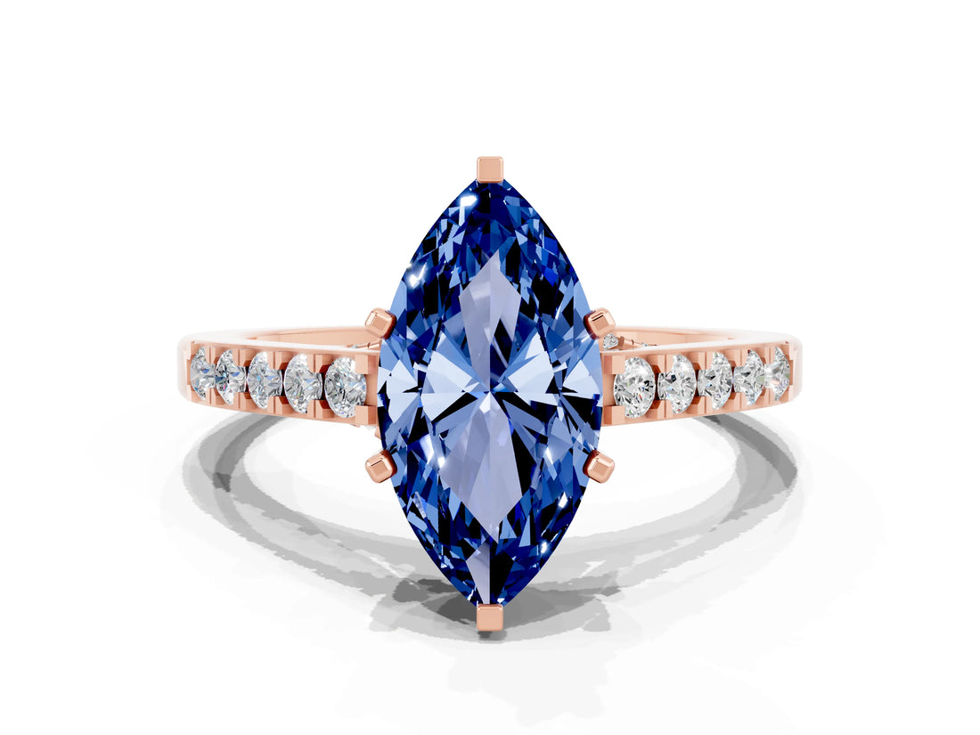 Rose gold Marquise Cut Diamond Solitaire Ring with Pavé Band and Prong Setting