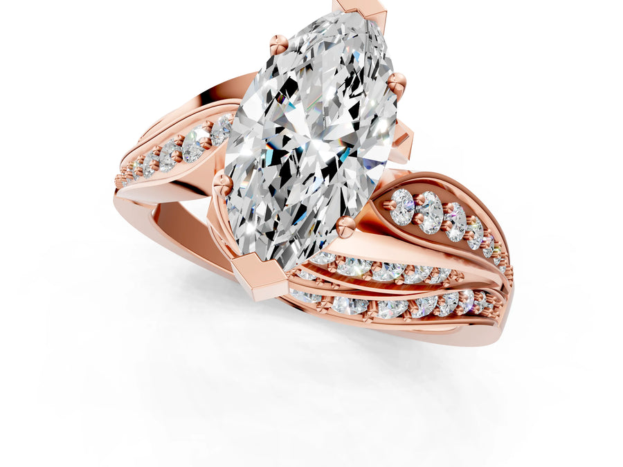 Rose gold Marquise Cut Diamond Solitaire Ring with Prong Setting and Twisted Pavé Band
