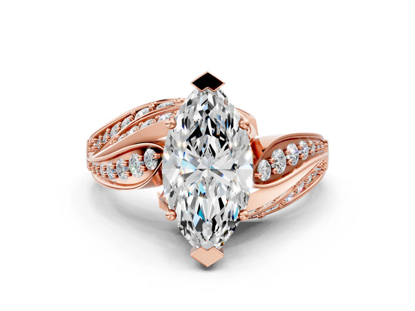 Rose gold Marquise Cut Diamond Solitaire Ring with Prong Setting and Twisted Pavé Band