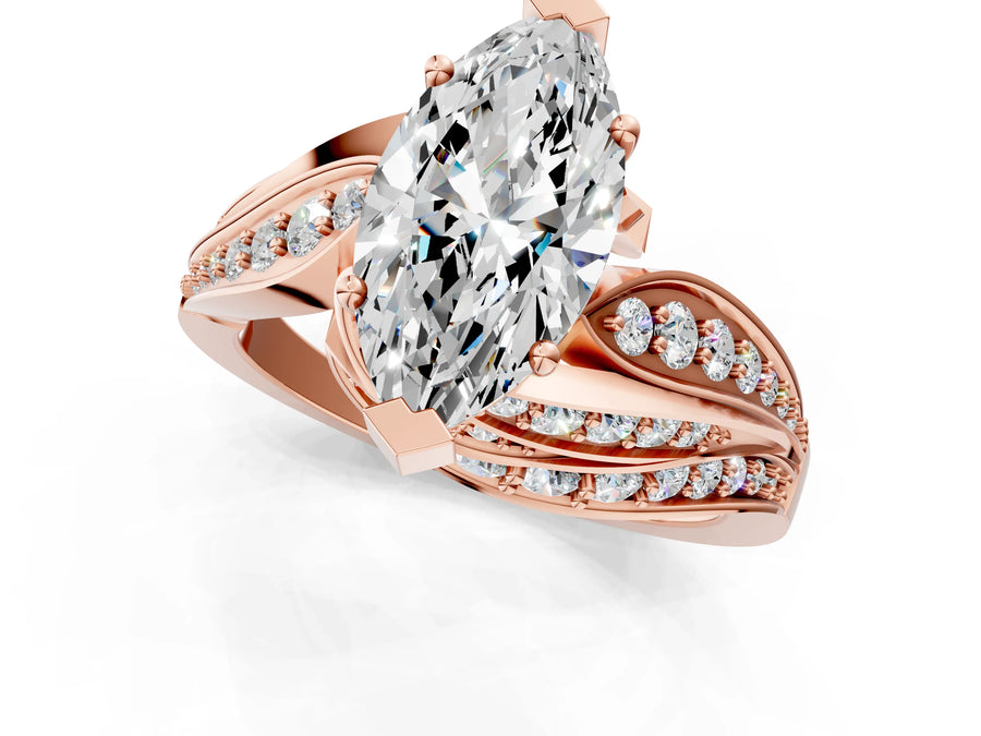 Rose gold Marquise Cut Diamond Solitaire Ring with Prong Setting and Twisted Pavé Band