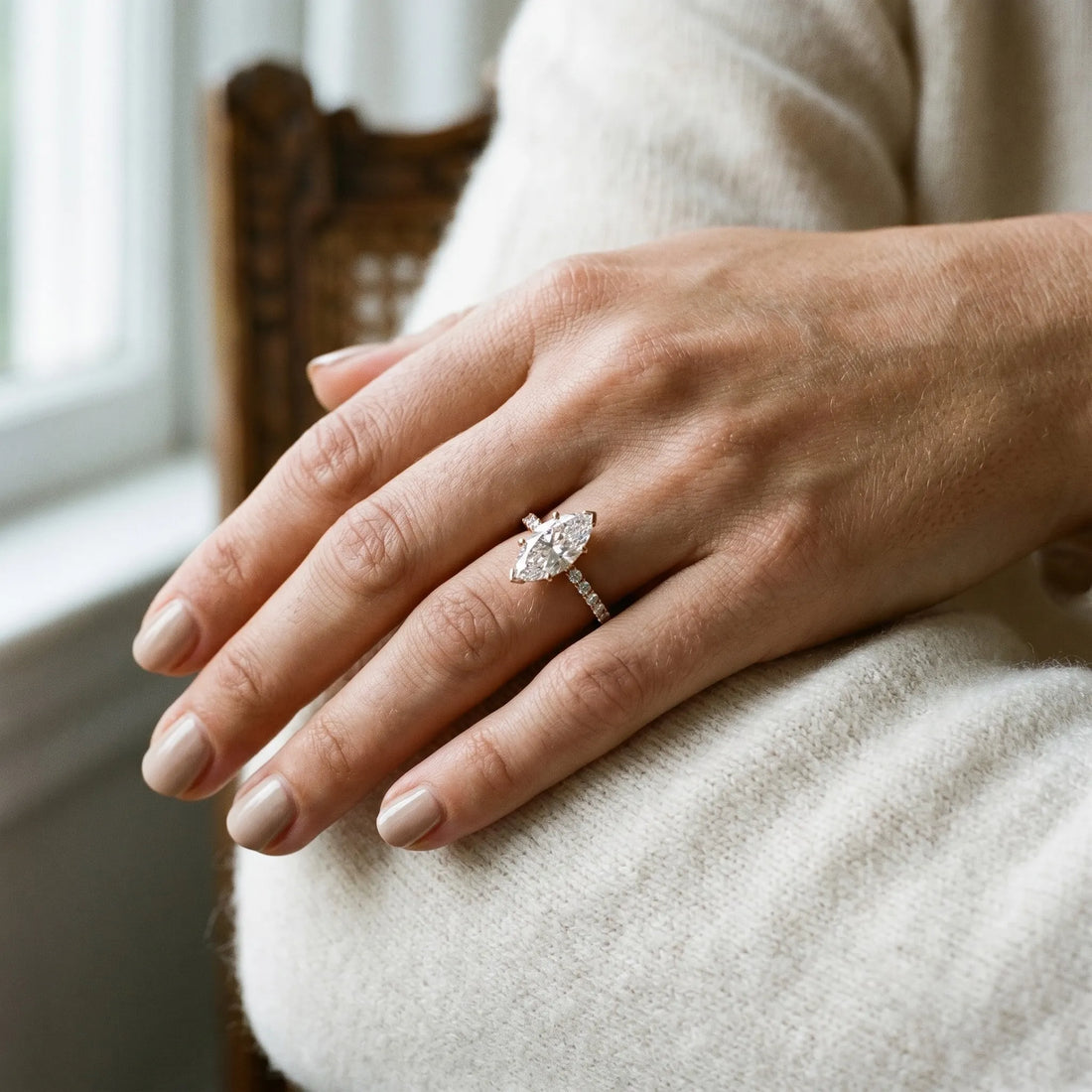 Rose gold Marquise Cut Diamond Solitaire Ring with Round  Pavé Band and Four-Prong Setting