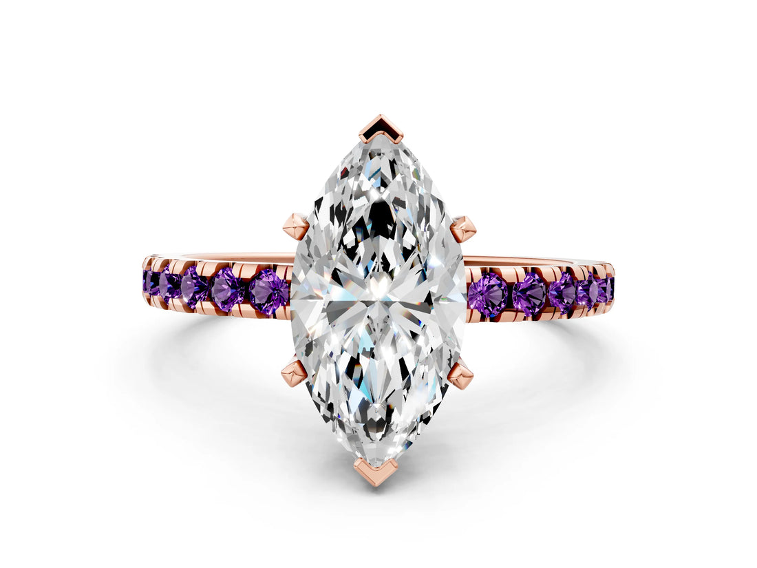 Rose gold Marquise Cut Diamond Solitaire Ring with Round with Amethyst side stone Pavé Band and Four-Prong Setting_36