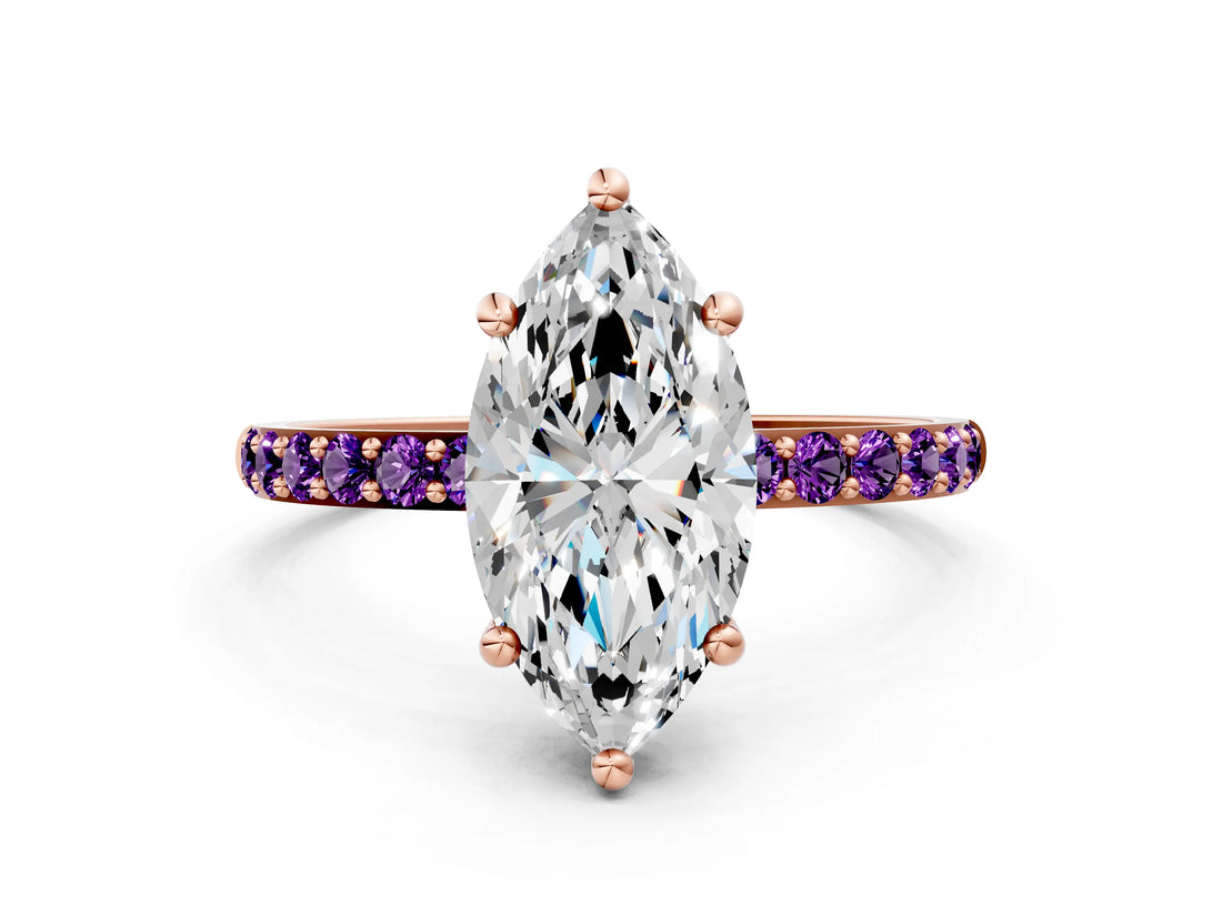 Rose gold Marquise Cut Diamond Solitaire Ring with Round with Amethyst side stone Pavé Band and Prong Setting_12
