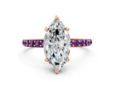 Rose gold Marquise Cut Diamond Solitaire Ring with Round with Amethyst side stone Pavé Band and Prong Setting_12