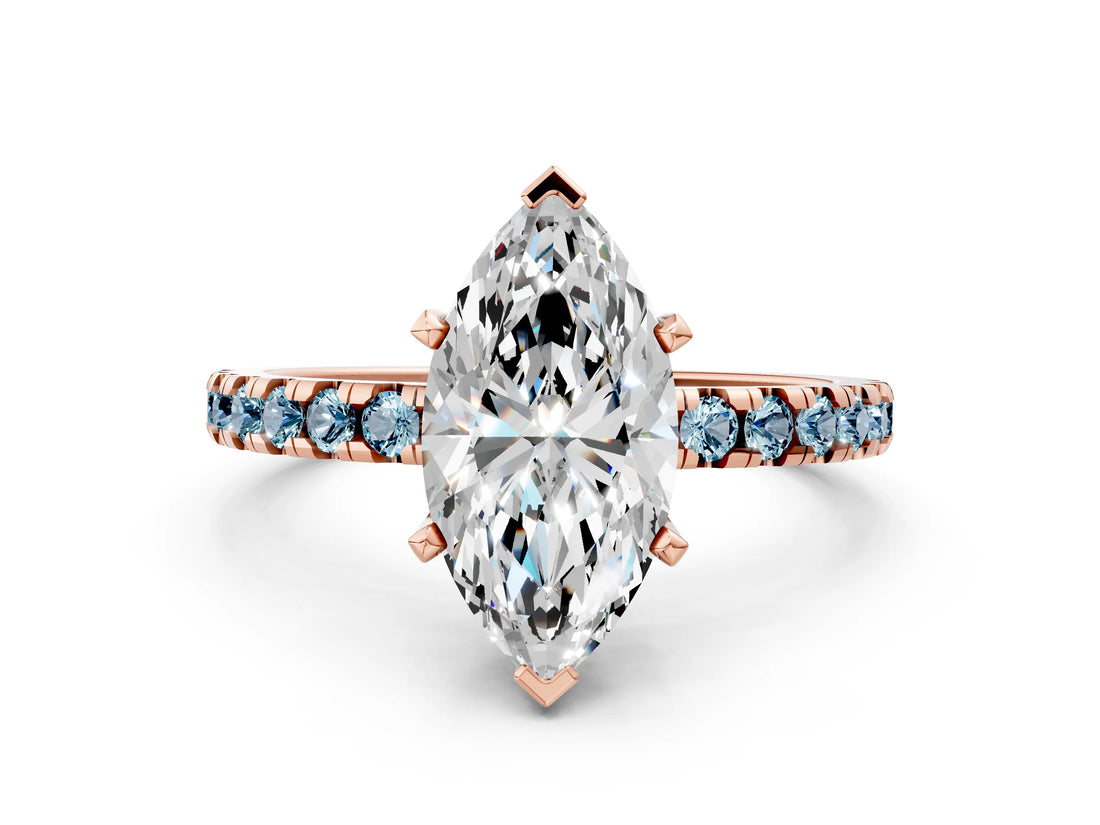 Rose gold Marquise Cut Diamond Solitaire Ring with Round with Aquamarine side stone Pavé Band and Four-Prong Setting_36
