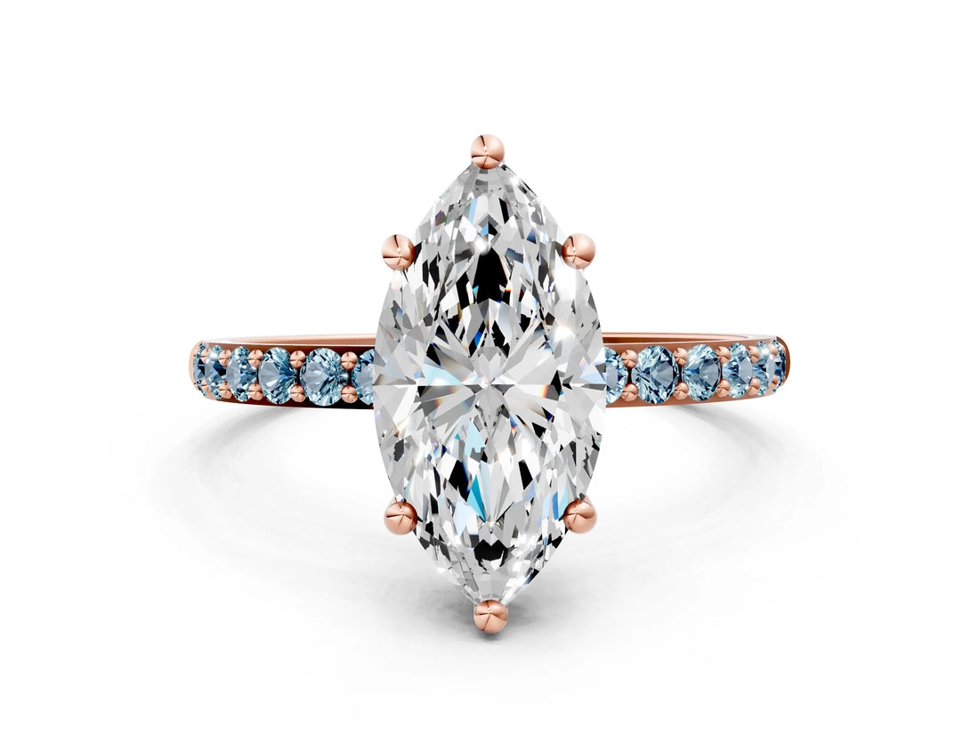 Rose gold Marquise Cut Diamond Solitaire Ring with Round with Aquamarine side stone Pavé Band and Prong Setting_24