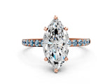 Rose gold Marquise Cut Diamond Solitaire Ring with Round with Aquamarine side stone Pavé Band and Prong Setting_24