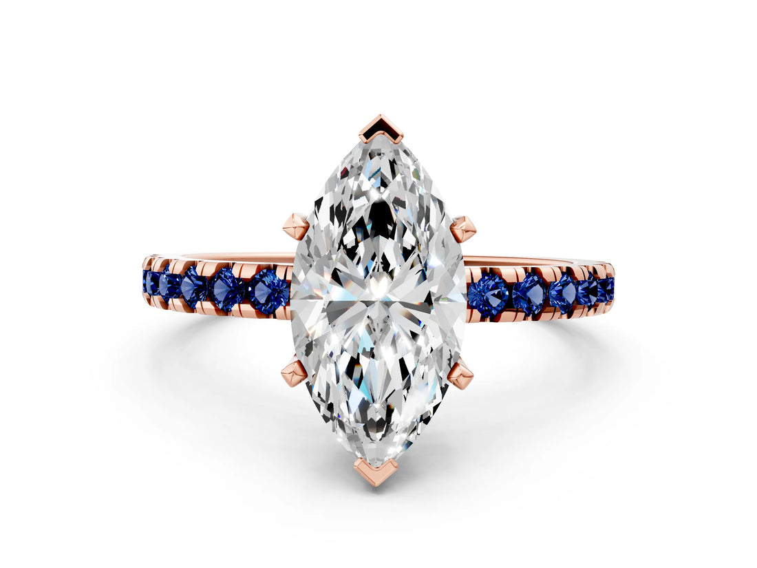Rose gold Marquise Cut Diamond Solitaire Ring with Round with Blue Sapphire side stone Pavé Band and Four-Prong Setting_36