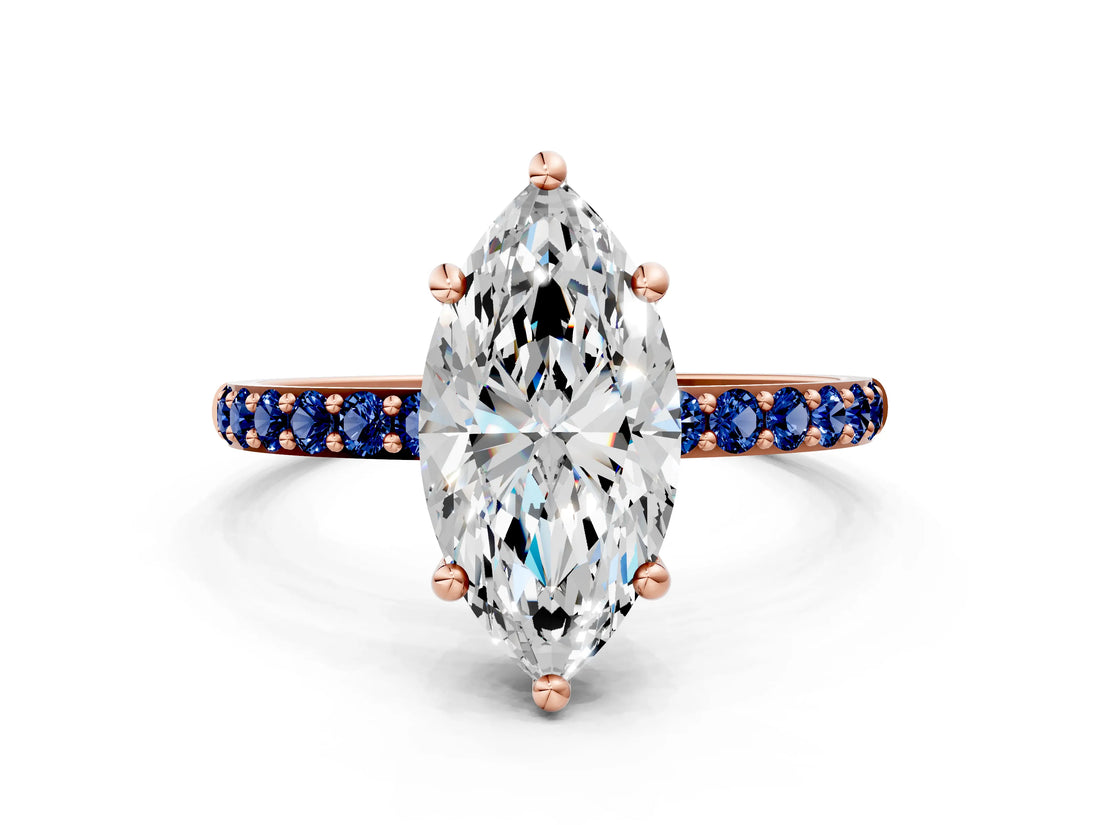 Rose gold Marquise Cut Diamond Solitaire Ring with Round with Blue Sapphire side stone Pavé Band and Prong Setting_12