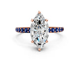 Rose gold Marquise Cut Diamond Solitaire Ring with Round with Blue Sapphire side stone Pavé Band and Prong Setting_12