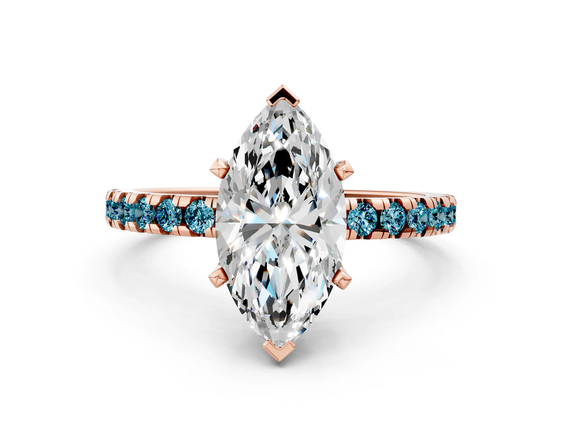 Rose gold Marquise Cut Diamond Solitaire Ring with Round with Blue Topaz side stone Pavé Band and Four-Prong Setting_36