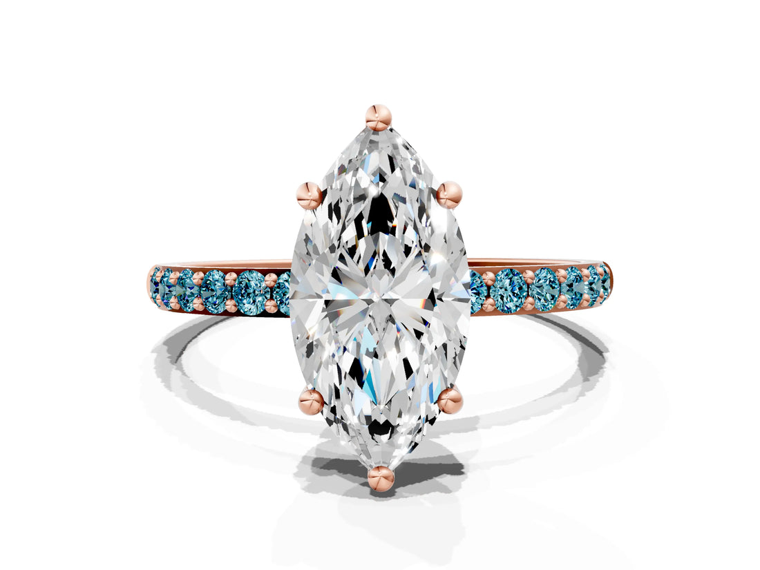 Rose gold Marquise Cut Diamond Solitaire Ring with Round with Blue Topaz side stone Pavé Band and Prong Setting_12