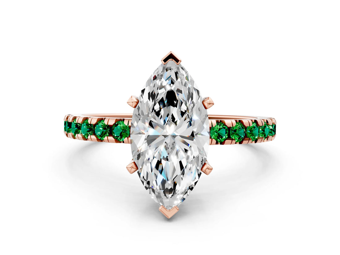 Rose gold Marquise Cut Diamond Solitaire Ring with Round with Emerald side stone Pavé Band and Four-Prong Setting_36