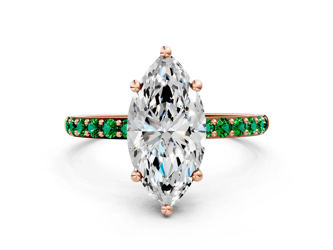 Rose gold Marquise Cut Diamond Solitaire Ring with Round with Emerald side stone Pavé Band and Prong Setting_24