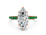 Rose gold Marquise Cut Diamond Solitaire Ring with Round with Emerald side stone Pavé Band and Prong Setting_24
