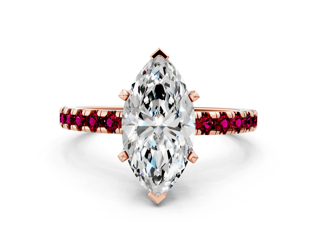 Rose gold Marquise Cut Diamond Solitaire Ring with Round with Garnet side stone Pavé Band and Four-Prong Setting_36