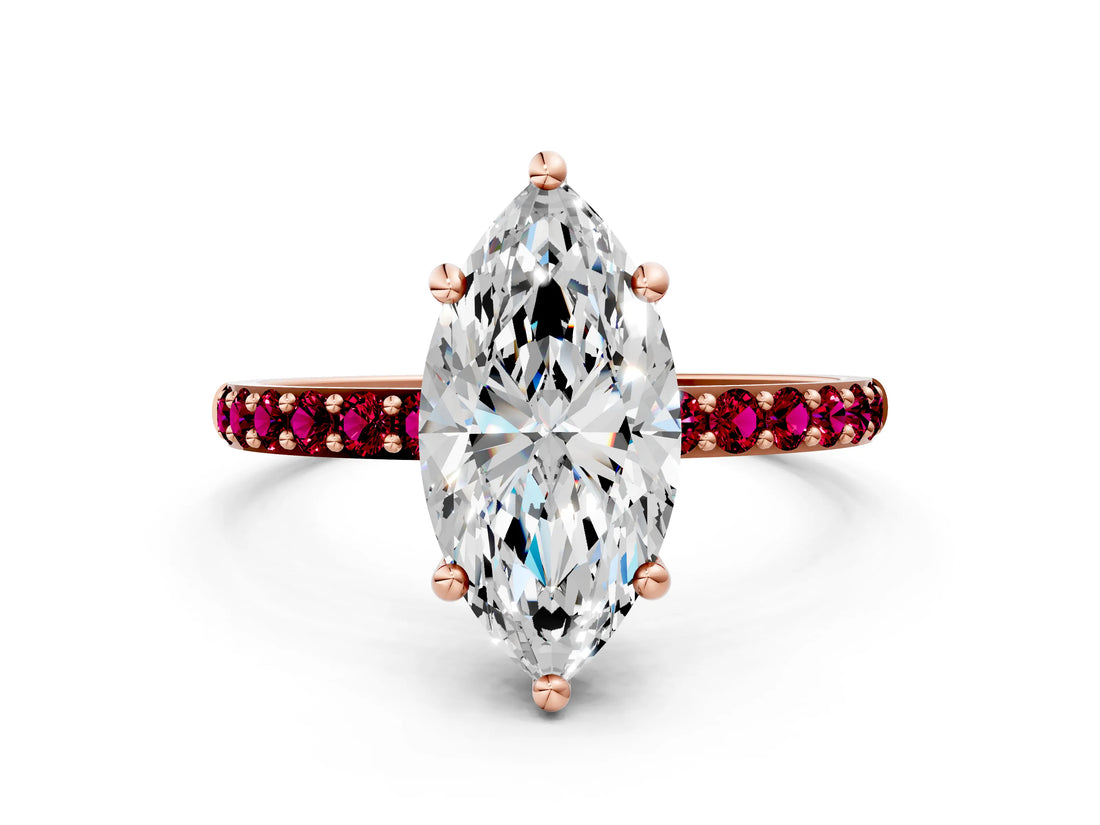 Rose gold Marquise Cut Diamond Solitaire Ring with Round with Garnet side stone Pavé Band and Prong Setting_24