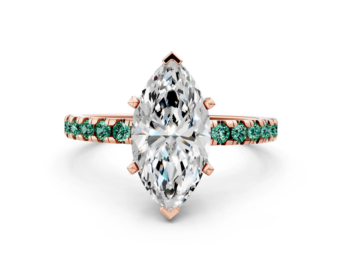 Rose gold Marquise Cut Diamond Solitaire Ring with Round with Green Sapphire side stone Pavé Band and Four-Prong Setting_36