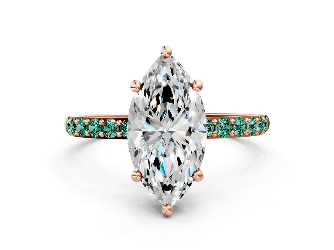 Rose gold Marquise Cut Diamond Solitaire Ring with Round with Green Sapphire side stone Pavé Band and Prong Setting