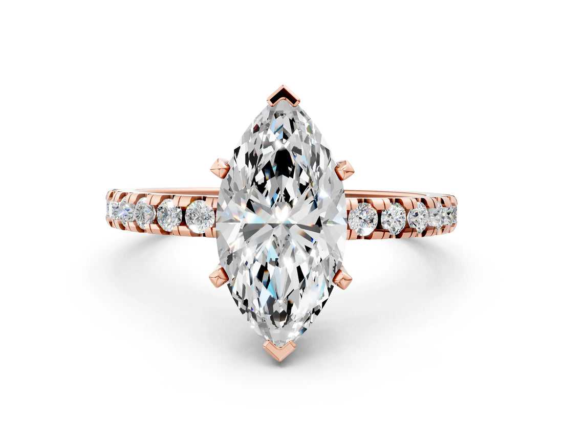 Rose gold Marquise Cut Diamond Solitaire Ring with Round with Moissanite side stone Pavé Band and Four-Prong Setting_36