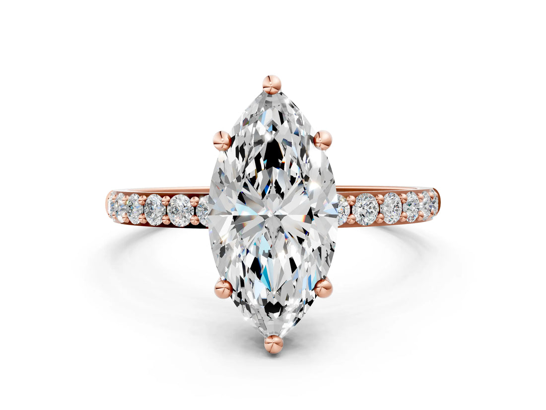 Rose gold Marquise Cut Diamond Solitaire Ring with Round with Moissanite side stone Pavé Band and Prong Setting_12