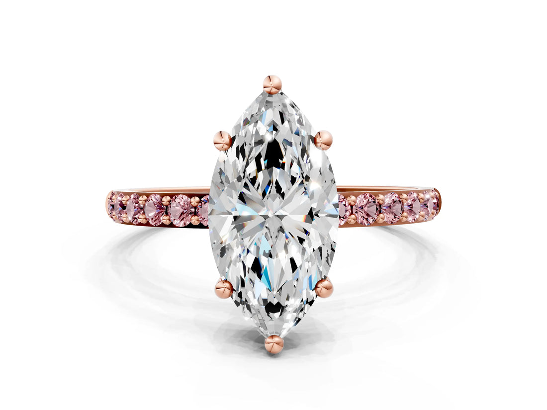 Rose gold Marquise Cut Diamond Solitaire Ring with Round with Morganite side stone Pavé Band and Prong Setting_12