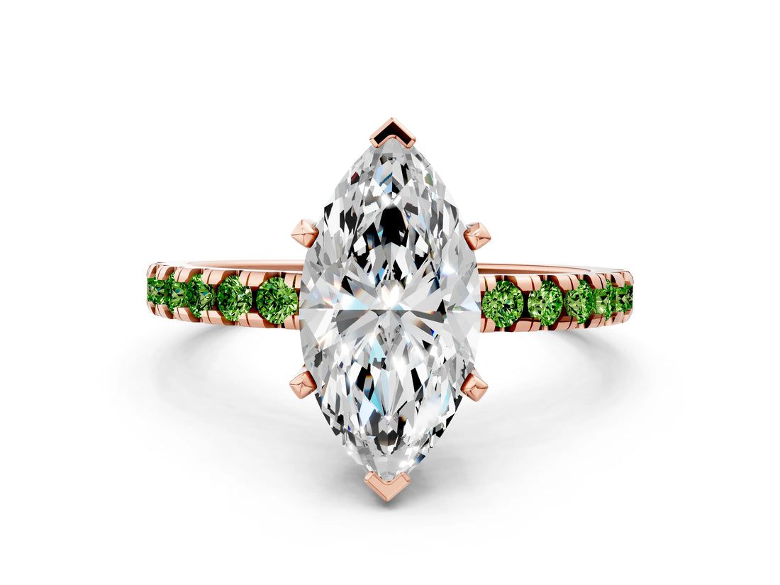 Rose gold Marquise Cut Diamond Solitaire Ring with Round with Peridot side stone Pavé Band and Four-Prong Setting_36
