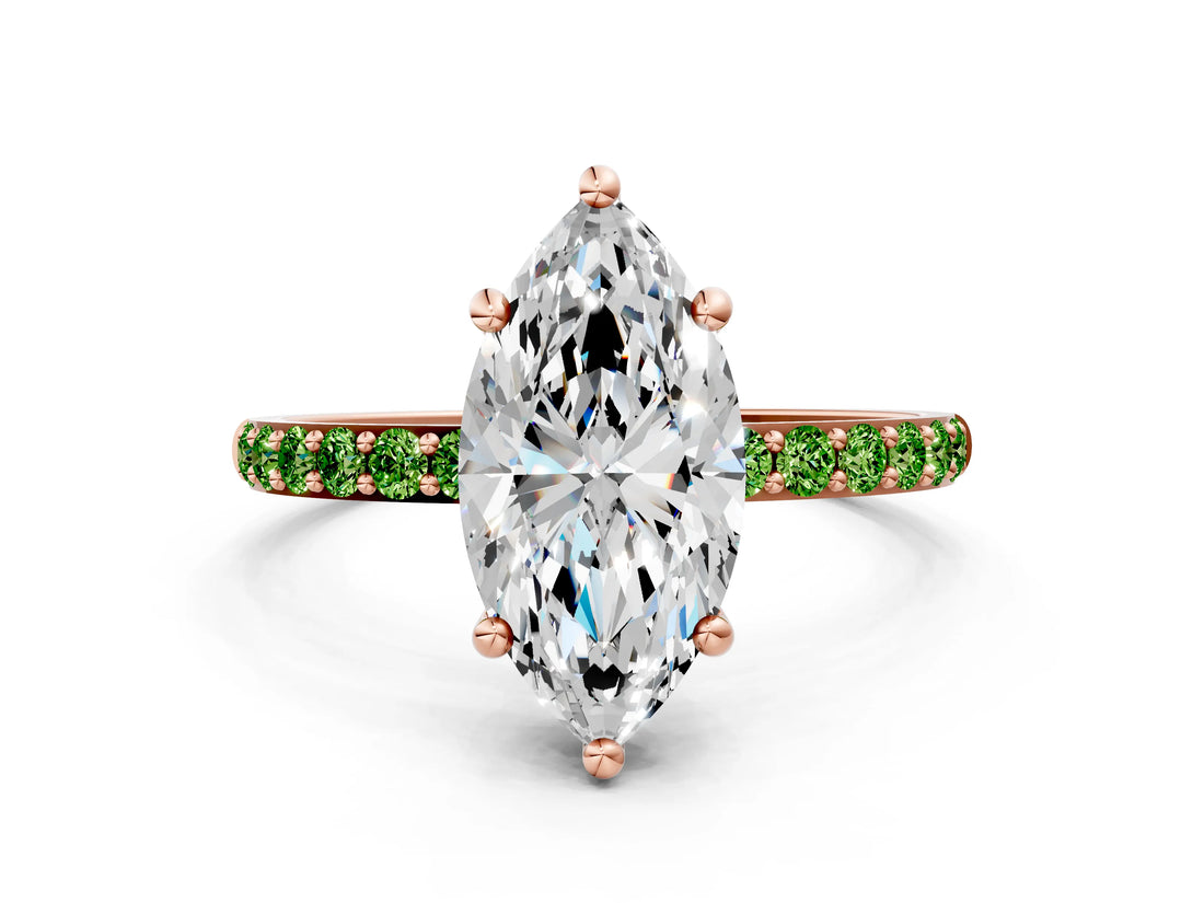 Rose gold Marquise Cut Diamond Solitaire Ring with Round with Peridot side stone Pavé Band and Prong Setting